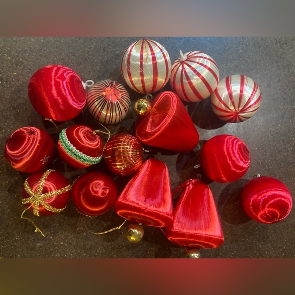 Set of 15 Vintage Red Satin Ornaments